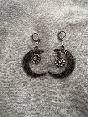 Antique Bronze Crescent Moon Crystal Drop Earrings - Unbranded